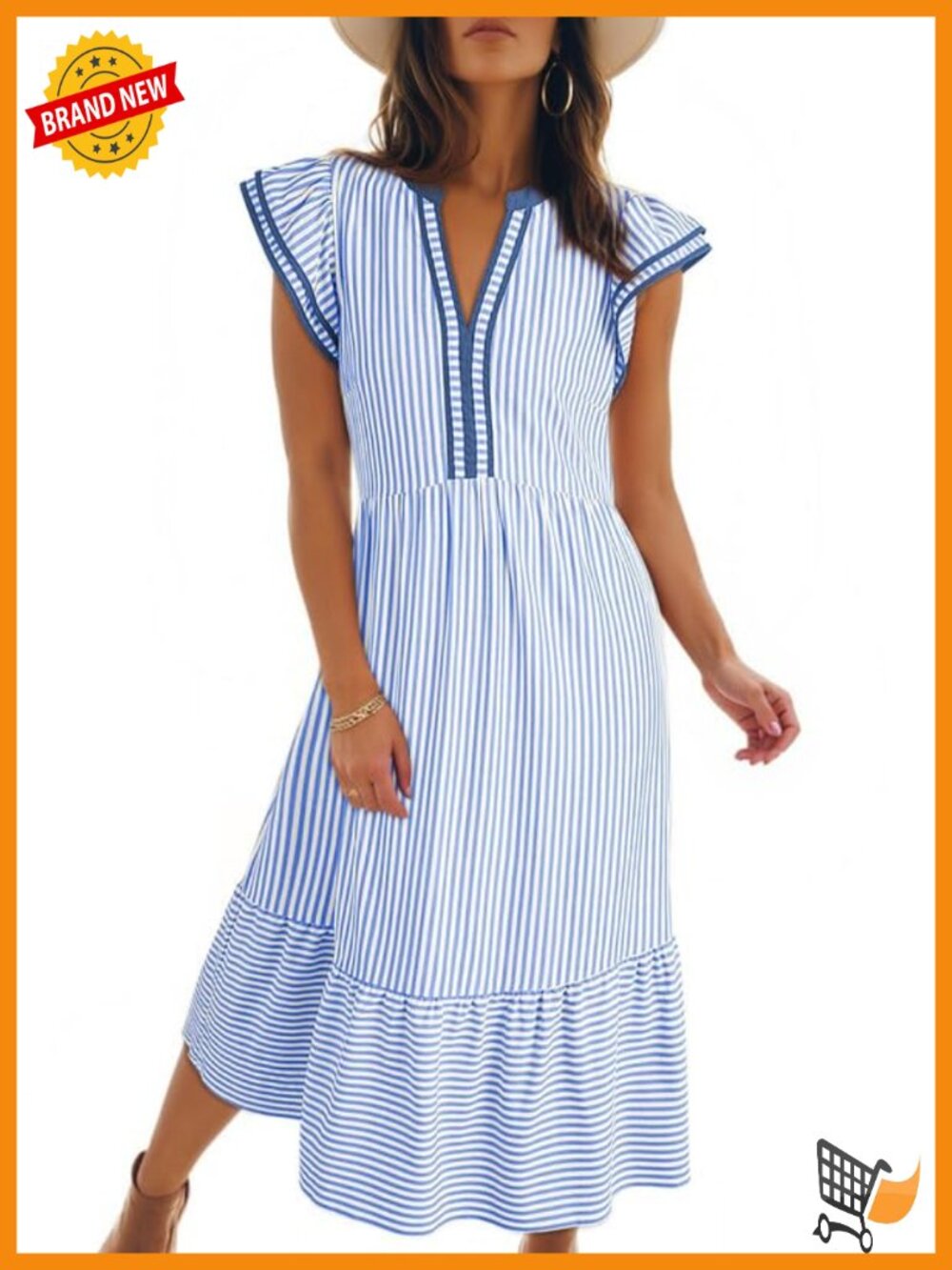 V-Neck Ruffle Cap Sleeve Empire Waist Flowy Striped Midi Maxi Dress with Pockets